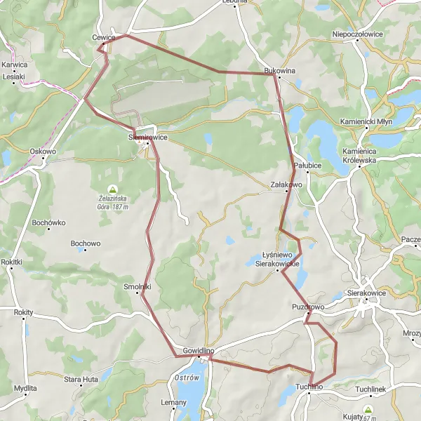 Map miniature of "Gowidlino Loop" cycling inspiration in Pomorskie, Poland. Generated by Tarmacs.app cycling route planner