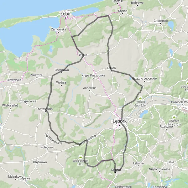 Map miniature of "Lębork Laps" cycling inspiration in Pomorskie, Poland. Generated by Tarmacs.app cycling route planner