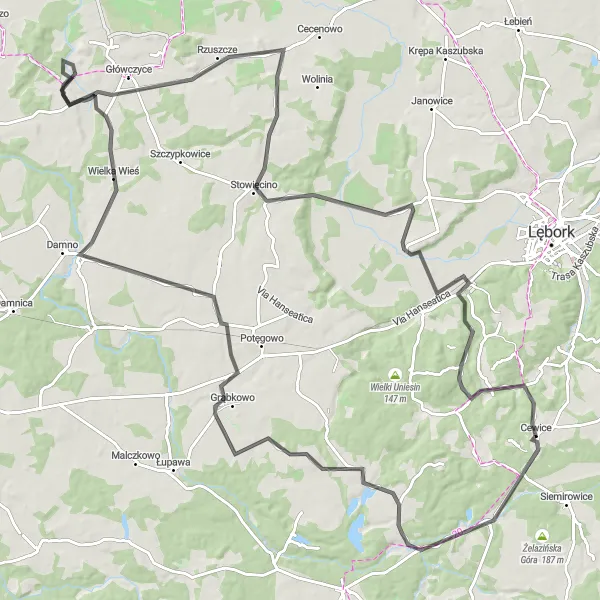 Map miniature of "Chocielewko Challenge" cycling inspiration in Pomorskie, Poland. Generated by Tarmacs.app cycling route planner