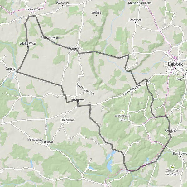 Map miniature of "Głuszynko Loop" cycling inspiration in Pomorskie, Poland. Generated by Tarmacs.app cycling route planner