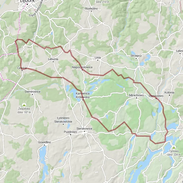 Map miniature of "Cieszenie - Sianowo Gravel Adventure" cycling inspiration in Pomorskie, Poland. Generated by Tarmacs.app cycling route planner