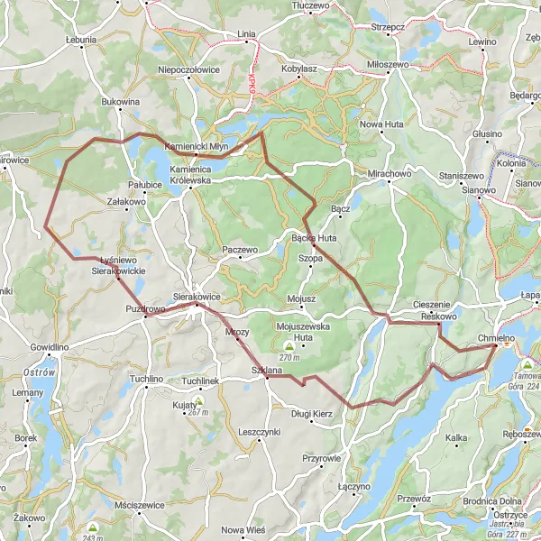 Map miniature of "Chmielno to Cieszenie Gravel Adventure" cycling inspiration in Pomorskie, Poland. Generated by Tarmacs.app cycling route planner