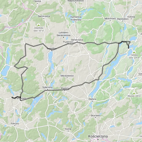 Miniatura mapy "Chmielno - Klukowa Huta - Sulęczyno - Jezioro Mausz - Jamno - Chośnica - Gowidlino - Garcz" - trasy rowerowej w Pomorskie, Poland. Wygenerowane przez planer tras rowerowych Tarmacs.app