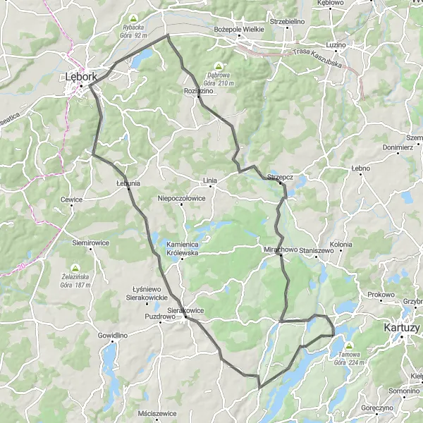 Map miniature of "Borzestowo and Beyond" cycling inspiration in Pomorskie, Poland. Generated by Tarmacs.app cycling route planner