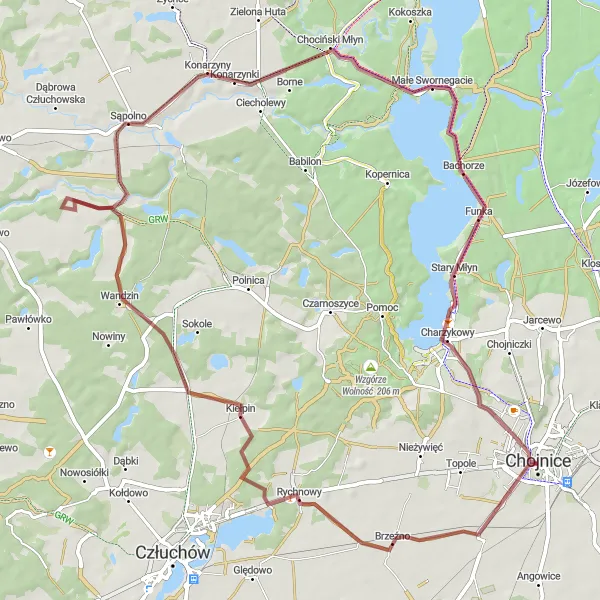 Map miniature of "Tranquil Gravel Loop to Jezioro Charzykowskie" cycling inspiration in Pomorskie, Poland. Generated by Tarmacs.app cycling route planner