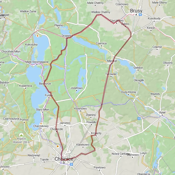 Map miniature of "Tranquil Gravel Adventure near Chojnice" cycling inspiration in Pomorskie, Poland. Generated by Tarmacs.app cycling route planner