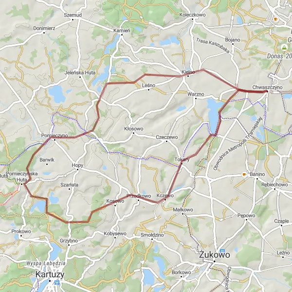 Map miniature of "Chwaszczyno to Kielno Gravel Route" cycling inspiration in Pomorskie, Poland. Generated by Tarmacs.app cycling route planner