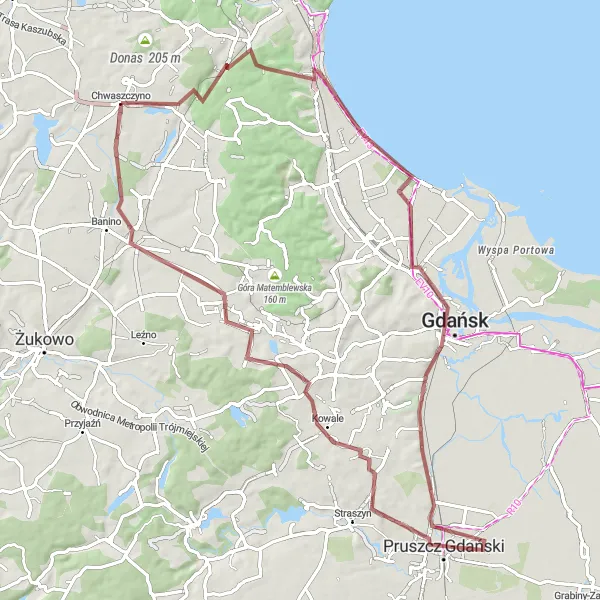 Map miniature of "Chwaszczyno to Gdańsk Gravel Route" cycling inspiration in Pomorskie, Poland. Generated by Tarmacs.app cycling route planner
