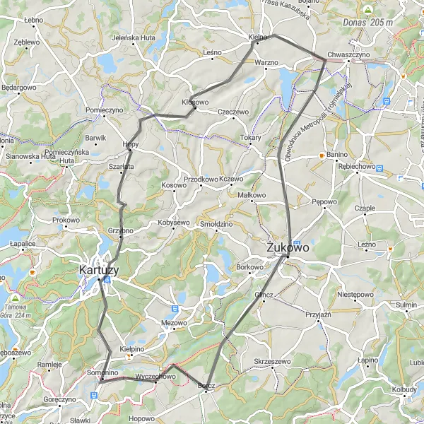 Map miniature of "Żukowo to Tuchom Road Route" cycling inspiration in Pomorskie, Poland. Generated by Tarmacs.app cycling route planner