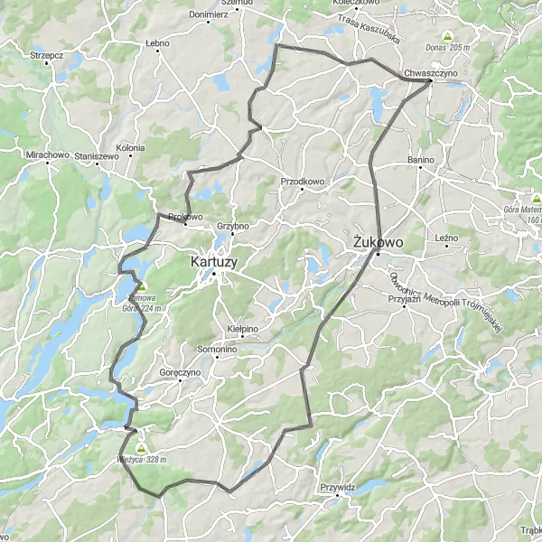 Map miniature of "Żukowo to Kielno Road Route" cycling inspiration in Pomorskie, Poland. Generated by Tarmacs.app cycling route planner