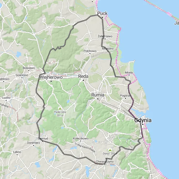 Map miniature of "Chwaszczyno to Kozie Rogi Road Route" cycling inspiration in Pomorskie, Poland. Generated by Tarmacs.app cycling route planner