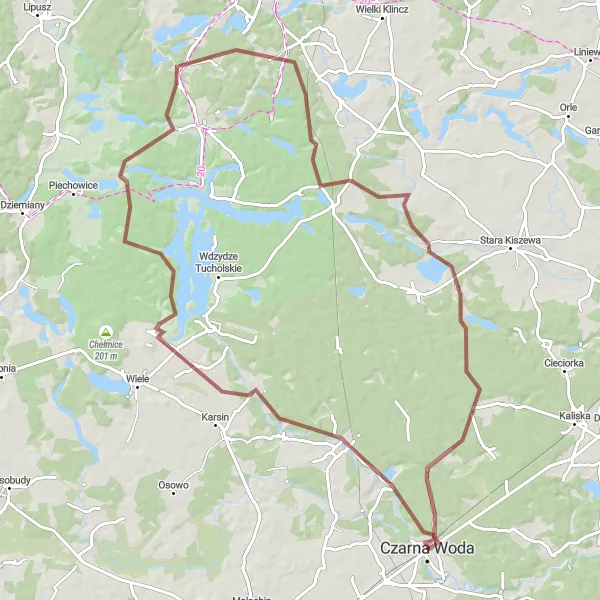 Map miniature of "Challenging Gravel Ride to Jezioro Wdzydze and Leśna Huta" cycling inspiration in Pomorskie, Poland. Generated by Tarmacs.app cycling route planner