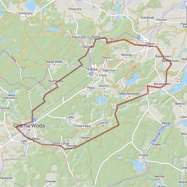 Map miniature of "Gravel Exploration of Studzienice and Złe Mięso" cycling inspiration in Pomorskie, Poland. Generated by Tarmacs.app cycling route planner