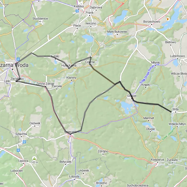 Miniatura mapy "Trasa szosowa przez Osiecznę i Wdę" - trasy rowerowej w Pomorskie, Poland. Wygenerowane przez planer tras rowerowych Tarmacs.app