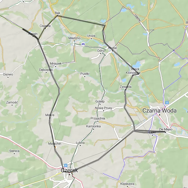 Map miniature of "Czersk Loop" cycling inspiration in Pomorskie, Poland. Generated by Tarmacs.app cycling route planner