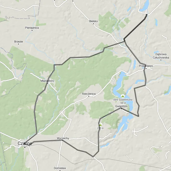 Miniatura mapy "Trasa Międzybórz-Jezioro Krępsko-Gwieździn-Czarne" - trasy rowerowej w Pomorskie, Poland. Wygenerowane przez planer tras rowerowych Tarmacs.app