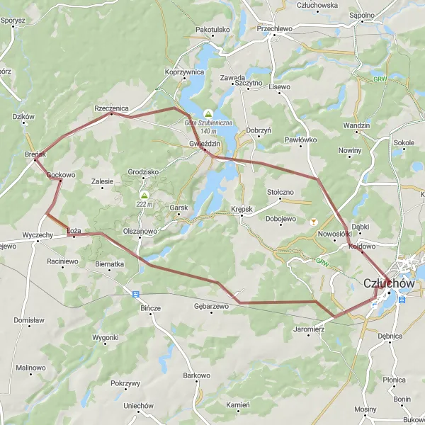 Map miniature of "Gravel Adventure: Forests and Lakes" cycling inspiration in Pomorskie, Poland. Generated by Tarmacs.app cycling route planner