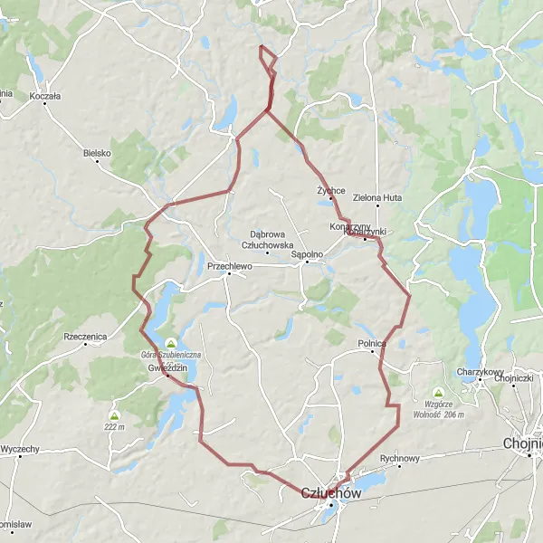 Map miniature of "Gravel Adventure - Człuchów" cycling inspiration in Pomorskie, Poland. Generated by Tarmacs.app cycling route planner