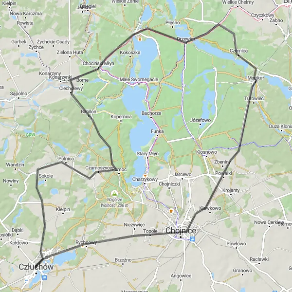 Map miniature of "The Chojnice Challenge" cycling inspiration in Pomorskie, Poland. Generated by Tarmacs.app cycling route planner