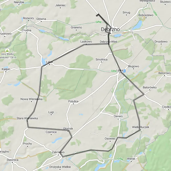 Miniatura mapy "Szlak z Debrzna do Wielkiego Buczka" - trasy rowerowej w Pomorskie, Poland. Wygenerowane przez planer tras rowerowych Tarmacs.app