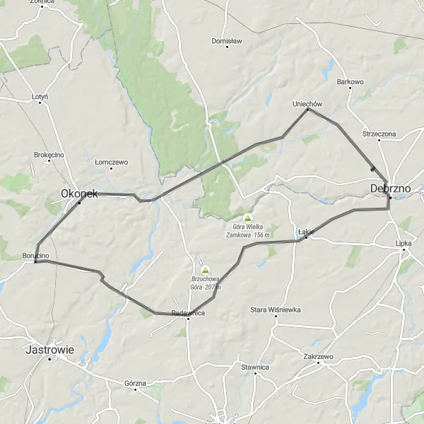 Map miniature of "Road Cycling Tour through Baszta Czarownic and Okonek" cycling inspiration in Pomorskie, Poland. Generated by Tarmacs.app cycling route planner