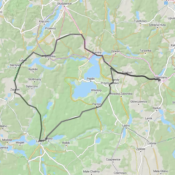 Map miniature of "Trzebuń Road Circuit" cycling inspiration in Pomorskie, Poland. Generated by Tarmacs.app cycling route planner