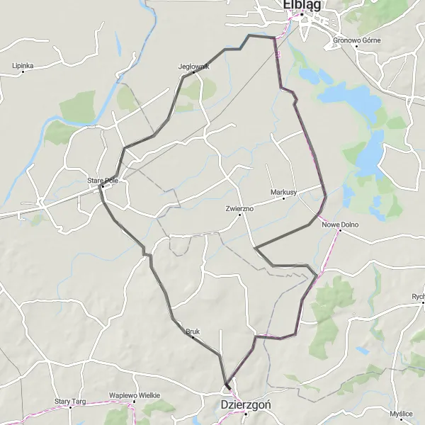 Map miniature of "The Żuławka Sztumska and Stare Pole Road Cycling Route" cycling inspiration in Pomorskie, Poland. Generated by Tarmacs.app cycling route planner