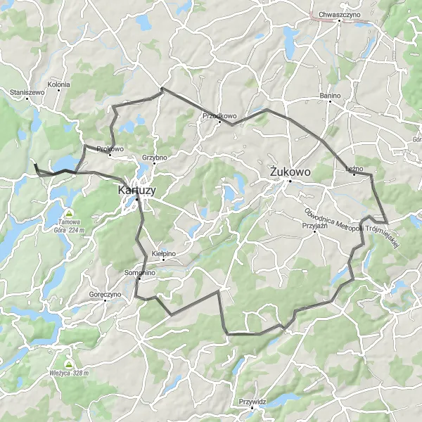 Map miniature of "Kashubian Road Escape" cycling inspiration in Pomorskie, Poland. Generated by Tarmacs.app cycling route planner