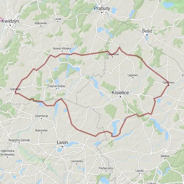 Map miniature of "Rozajny, Trumiejki, Gałdowo and Nogat" cycling inspiration in Pomorskie, Poland. Generated by Tarmacs.app cycling route planner