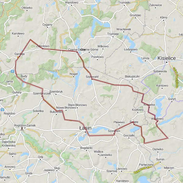 Map miniature of "Exploring the Countryside of Łasin" cycling inspiration in Pomorskie, Poland. Generated by Tarmacs.app cycling route planner