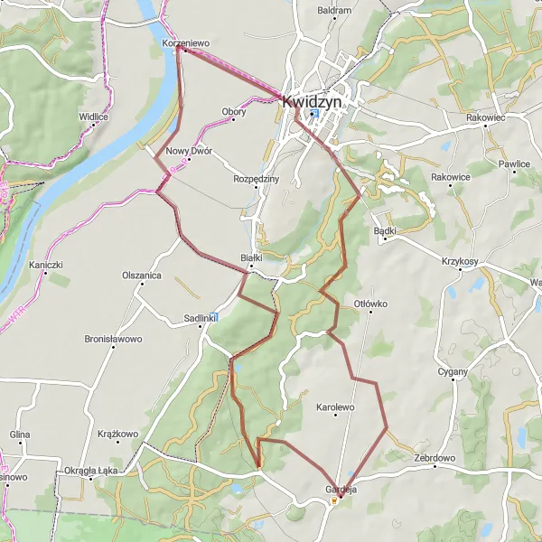 Map miniature of "Białki and Kwidzyn" cycling inspiration in Pomorskie, Poland. Generated by Tarmacs.app cycling route planner