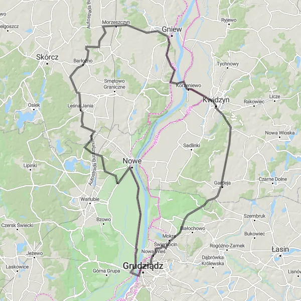 Map miniature of "Discovering Grudziądz and Kwidzyn" cycling inspiration in Pomorskie, Poland. Generated by Tarmacs.app cycling route planner