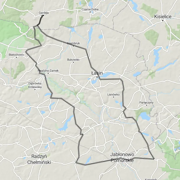 Map miniature of "Land of Lakes" cycling inspiration in Pomorskie, Poland. Generated by Tarmacs.app cycling route planner