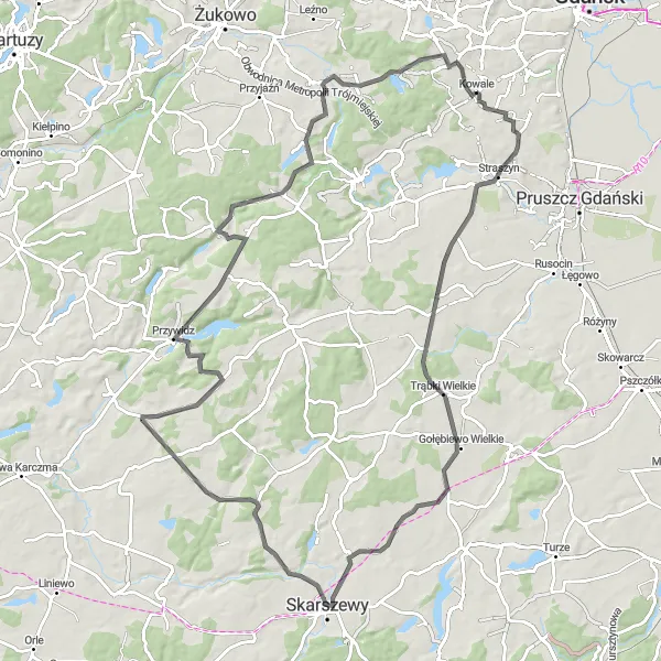 Map miniature of "Gdansk to Kowale Scenic Route" cycling inspiration in Pomorskie, Poland. Generated by Tarmacs.app cycling route planner