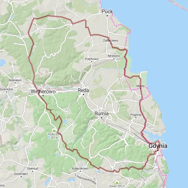 Map miniature of "Through Hills and Forests to Pucka Góra" cycling inspiration in Pomorskie, Poland. Generated by Tarmacs.app cycling route planner