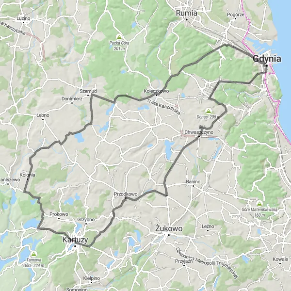 Map miniature of "Gdynia and Surroundings Loop" cycling inspiration in Pomorskie, Poland. Generated by Tarmacs.app cycling route planner