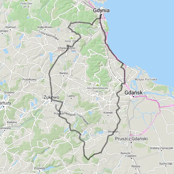 Map miniature of "Sopot and Beyond" cycling inspiration in Pomorskie, Poland. Generated by Tarmacs.app cycling route planner