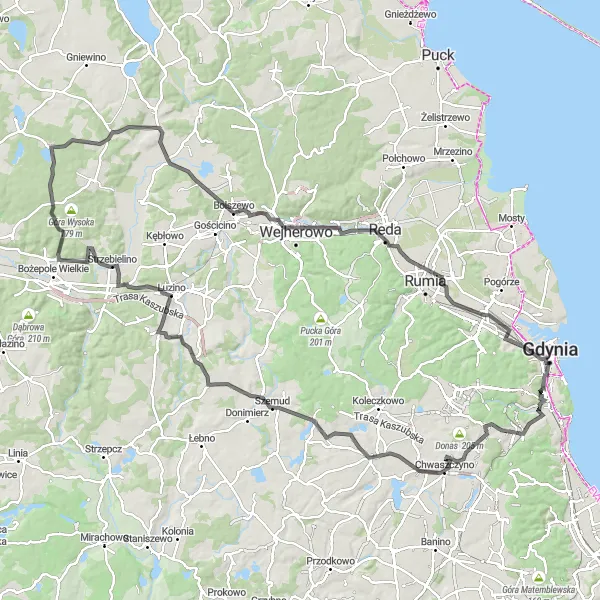 Map miniature of "Panoramic Coastline" cycling inspiration in Pomorskie, Poland. Generated by Tarmacs.app cycling route planner