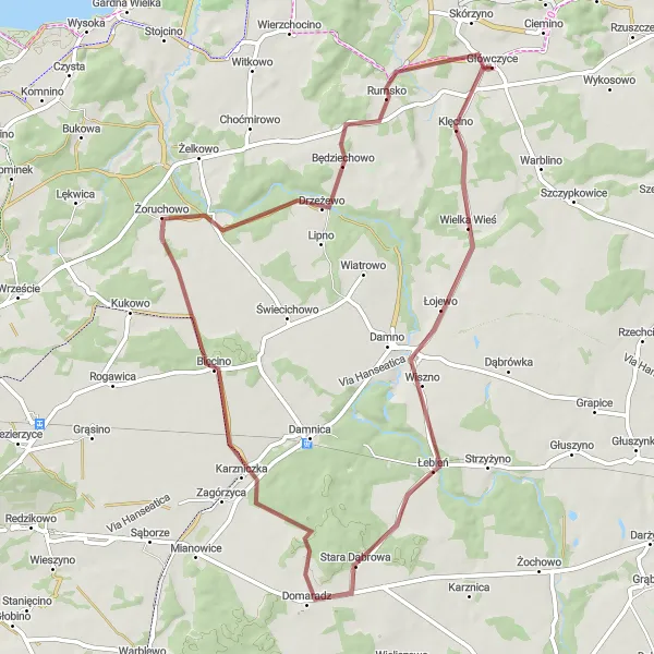 Map miniature of "Scenic Gravel Route to Równo" cycling inspiration in Pomorskie, Poland. Generated by Tarmacs.app cycling route planner