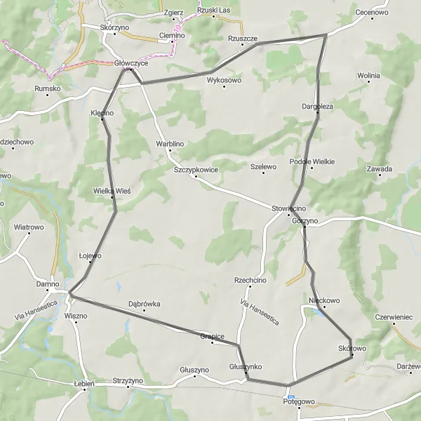 Map miniature of "Główczyce Loop" cycling inspiration in Pomorskie, Poland. Generated by Tarmacs.app cycling route planner