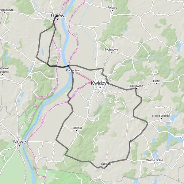 Map miniature of "Scenic Road Trip: Gniew to Piaseczno" cycling inspiration in Pomorskie, Poland. Generated by Tarmacs.app cycling route planner