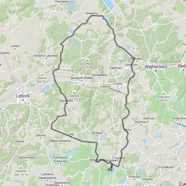 Map miniature of "Road Route to Godętowo" cycling inspiration in Pomorskie, Poland. Generated by Tarmacs.app cycling route planner