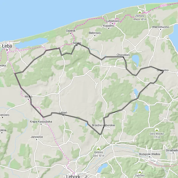 Map miniature of "Challenging Ride to Choczewo from Gniewino" cycling inspiration in Pomorskie, Poland. Generated by Tarmacs.app cycling route planner