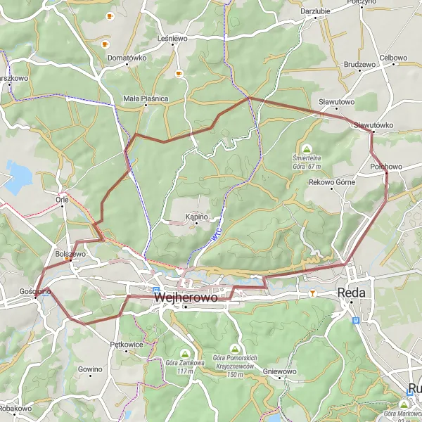 Map miniature of "Countryside Delights" cycling inspiration in Pomorskie, Poland. Generated by Tarmacs.app cycling route planner