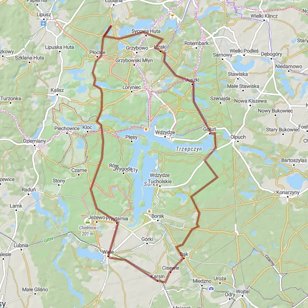 Map miniature of "Karsin Gravel Loop" cycling inspiration in Pomorskie, Poland. Generated by Tarmacs.app cycling route planner