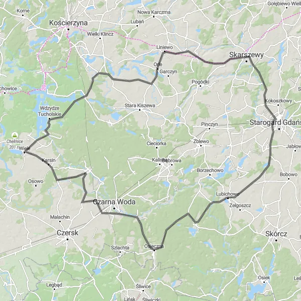 Map miniature of "Karsin and Surroundings" cycling inspiration in Pomorskie, Poland. Generated by Tarmacs.app cycling route planner