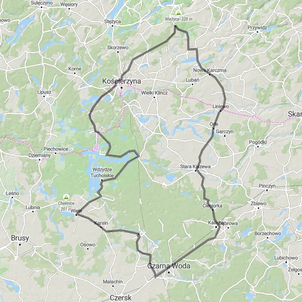 Miniatura mapy "Trasa rowerowa przez Borsk, Jezioro Gołuń i Wdzydze" - trasy rowerowej w Pomorskie, Poland. Wygenerowane przez planer tras rowerowych Tarmacs.app