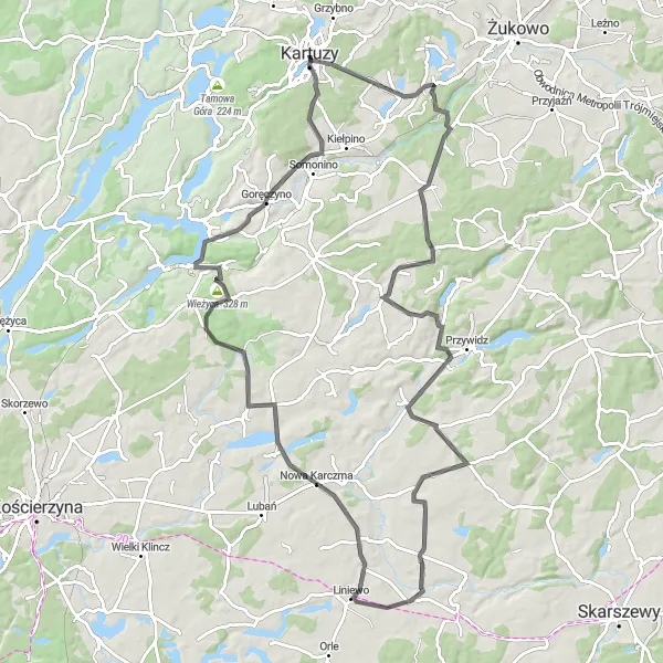 Map miniature of "Kartuzy Loop" cycling inspiration in Pomorskie, Poland. Generated by Tarmacs.app cycling route planner