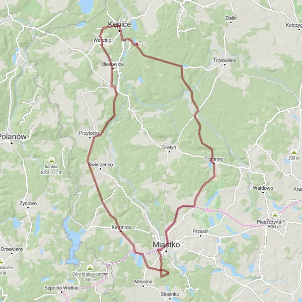 Map miniature of "Miastko Adventure" cycling inspiration in Pomorskie, Poland. Generated by Tarmacs.app cycling route planner