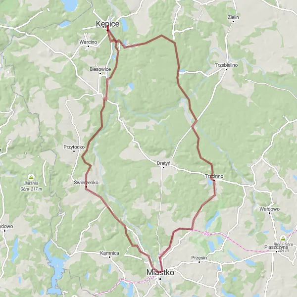 Miniatura mapy "Trasa gravelowa przez Żelice, Trzcinno i Miastko" - trasy rowerowej w Pomorskie, Poland. Wygenerowane przez planer tras rowerowych Tarmacs.app
